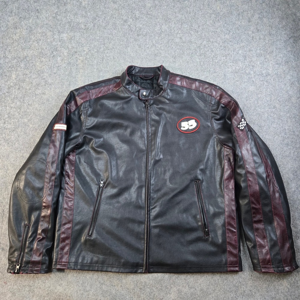 EMC‎ Racing Jacket Mens Large Black Faux Leather Biker Moto Cafe Racer 55 Patch